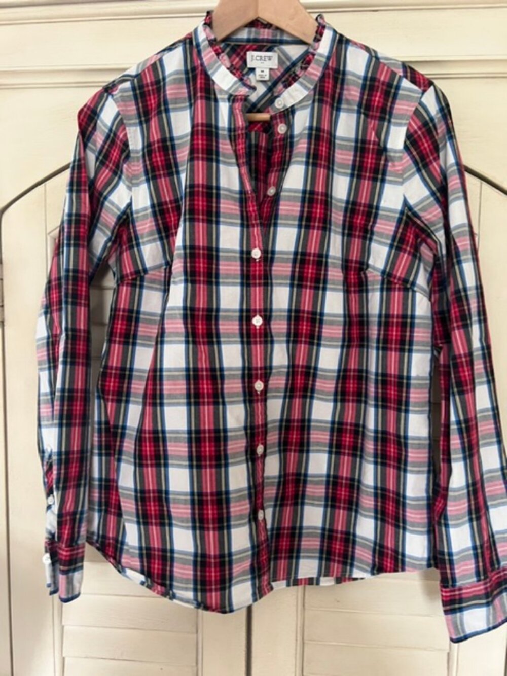 J.CREW Women's Plaid Button-Down Shirt Cotton Blend Ruffle Neck - Size Medium